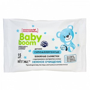 ВИТЭКС BABY BOOM Детские гипоаллергенные ВЛАЖНЫЕ САЛФЕТКИ с пантенолом и экстрактом хлопка, 15 шт