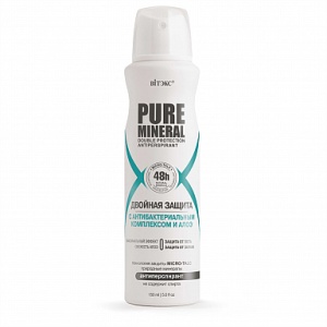 Фотография  ВИТЭКС PURE MINERAL Антиперспирант ДВОЙНАЯ ЗАЩИТА с антибактериальным комплексом и алоэ, аэрозольный баллон 150мл, код 41 23