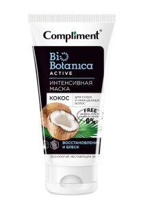Фотография Compliment Biobotanica Active Интенсивная МАСКА Кокос для сухих и окрашенных волос ВОССТАНОВЛЕНИЕ и БЛЕСК, 200мл • арт.879366