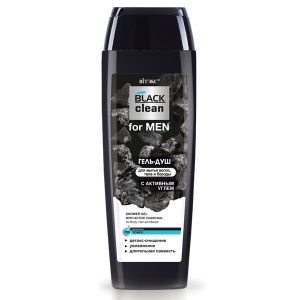 Фотография Витекс Black Clean • FOR MEN • ГЕЛЬ-ДУШ с активным углем для мытья волос, тела и бороды, 400мл, код 08 43