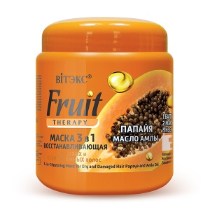 Фотография Витекс FRUIT Therapy • Маска ВОССТАНАВЛИВЛИВАЮЩАЯ 3 в1 для сухих и поврежденных волос, ПАПАЙЯ И МАСЛО АМЛЫ, 450мл, код 04 58 (Vitex масло)